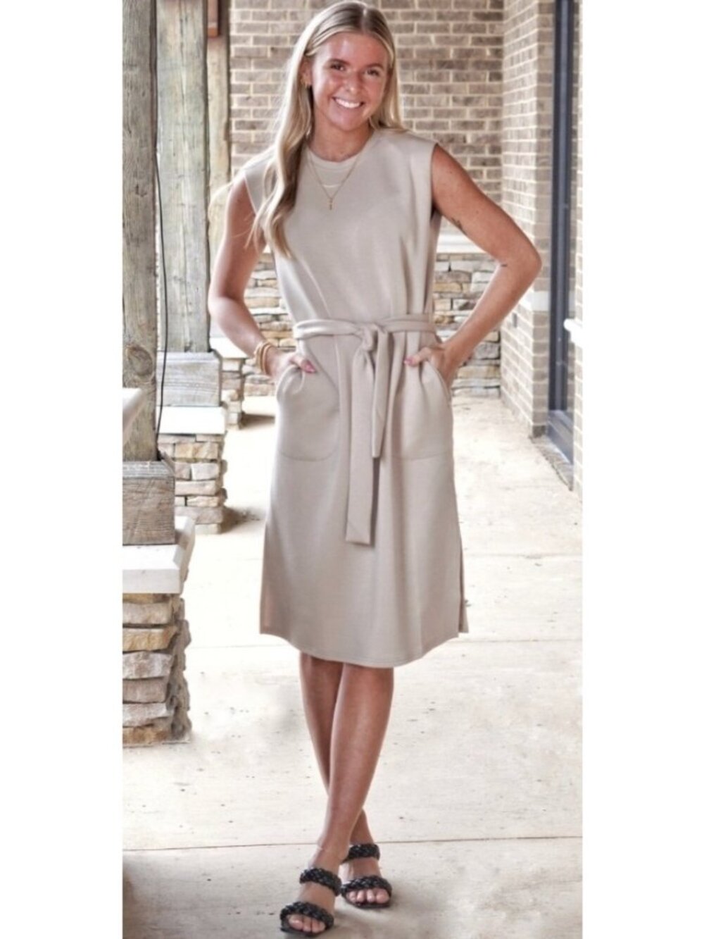 NEW Spanx Air Essentials Tank Dress Tie-Waist Knee-Length Large Tan Sleeveless